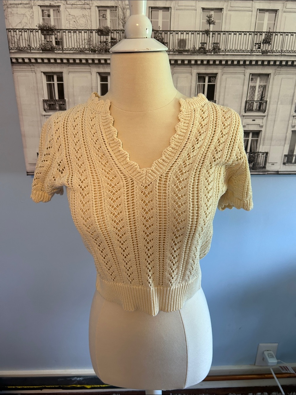 sundays Cream Crochet V-Neck Cropped Knit Top